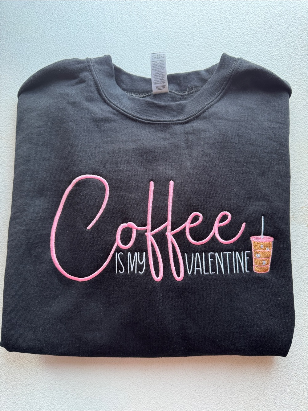 Gildan Black Sweatshirt with Pink Coffee Valentine Embroidery